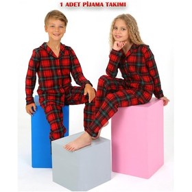 Resim Vitmo Kız / Erkek Çocuk Uzun Kollu Düğmeli Pamuklu Ekoseli Pijama Takımı Kırmızı 
