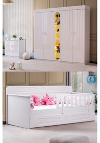 Resim Çocuk Odası Takımı, Flora Yavrulu Karyola, Vira 4 Kapaklı Dolap, Şifonyer - Beyaz Beyaz 