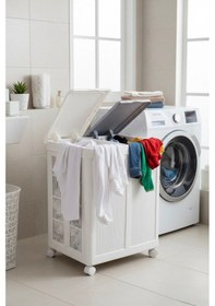 Resim Tekerlekli Katlanabilir 2 Bölmeli 100 Litre Çamaşır Ve Oyuncak Sepeti Pratik Ev Düzenleyici Beyaz 