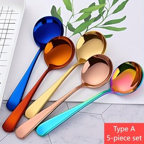Resim 5 adet renkli paslanmaz çelik kaşık seti, 16 cm/6.29 inç, küçük çay kaşıkları, buzlu çay kaşıkları, karıştırma kaşıkları, pilav kaşıkları, tatlı kaşıkları, parti yemek kaşıkları, yaratıcı hediye, bulaşık makinesinde kullanılabilecek 