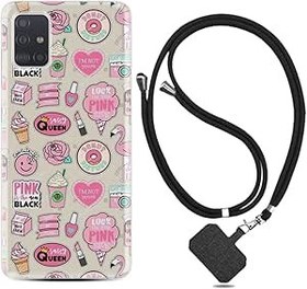 Resim kilifland Samsung Galaxy A51 ile Uyumlu Kılıf Desenli Silikon Boyun Askılı Donut Flamingo 1415 