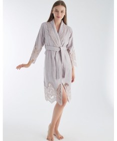 Resim Dantelli Kısa Şalyaka Bukle Bambu Cotton Bayan Bornoz LİLA 