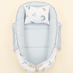 Resim Babynest ve Yastık - Çift Taraflı - Bebe Mavisi Muslin - Mavi Gökkuşağı 