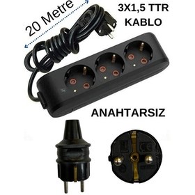 Resim Avarson 3'lü Üçlü Priz Topraklı Kablolu Siyah 3x1,5 Ttr 20 Yirmi Metre 