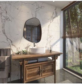 Resim 50x68 Cm Modern Asimetrik Banyo Aynası Siyah Çerçeveli Organik Şekilli Duvar Aynası Siyah 