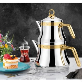 Resim Naz Altın Kemerli Kulplu Mini Boy Paslanmaz Çelik Çaydanlık 18/10 Sarı 