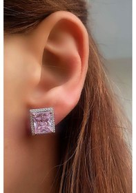 Resim Sky Diamond Pink Aleksandrit Taşlı 925ayar Gümüş Beyaz Altın Kaplama Lüks Baget Küpe Gümüş 