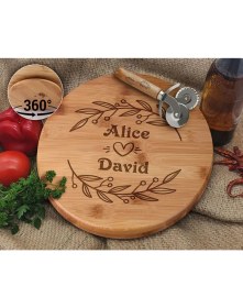Resim Bk Gift Kişiye Özel Isimli Bambu Ahşap Döner Tablalı Pizza Tahtası-10, Pizza Kesme Tahtası Seti, Şarküteri Tahtası, Servis Tepsisi, Ahşap Tabak, Eve Taşınma Hediyesi 