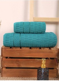 Resim 2 Parça Banyo Havlu Takımı %100 Pamuklu Çubuk Desen Yeşil Çok Renkli 