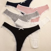 Resim 5 Paket Kadın Seksi Dantel Trim Thongs, Çeşitli Düz Renkler, Kabartmalı Kumaş, Yay Detay, Rahat Fit İç Çamaşırı 