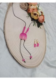 Resim Deri İpe Yapılmış Pembe Uçlu Modern Y Kolye Ve Küpe Takımı Pembe 
