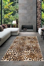 Resim Pelangi Kahverengi Leopar Desenli Yıkanabilir Kaymaz Taban Leke Tutmaz Modern Salon Halısı ve Yolluk, Leopar 80 x 50 