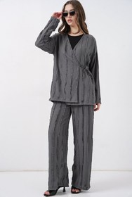 Resim Örme Kimono Pantolon İkili Takım 30067 - Gri - Laci̇vert / 42 