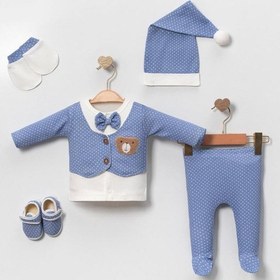 Resim Modam Bebek Uykucu Ayıcık Desenli Erkek Bebek Hastane Çıkışı Takımı Kutulu %100 Pamuk 5 Parça Set 0-3 Ay Mavi 