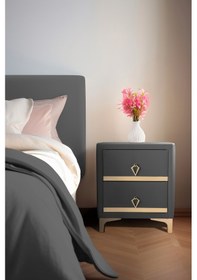 Resim Doppia Linea Gold Iki Çekmeceli Gri Komodin- Kumaş Döşemeli Yatak Odası 2 Çekmeceli Komodin Modeli 