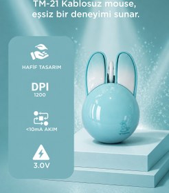 Resim Torima Kablosuz Tavşan Kulaklı Sessiz Mouse 1200 DPI Optik Kablosuz Fare TM21 Mavi 