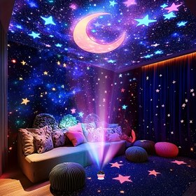 Resim 1 adet renkli rüya USB lambası - yıldız ve ay projeksiyonlu gece ışığı atmosferi - dönebilir - yatak odası, oturma odası, tatil partisi için uygun fantastik atmosfer, USB arayüzüne takılabilir kullanım, Noel ve Cadılar Bayramı atmosfer dekorasyon gece lambası 