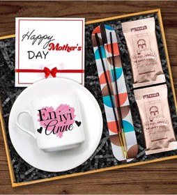 Resim En İyi Anne Baskılı Türk Kahve Fincanı & Tütsü & 2'li Kahve & Not Hediye Seti 