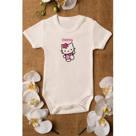 Resim Kız Bebek Hello Kitty Happy Organik Baskılı Pamuklu Ekru Çıtçıtlı Body Zıbın 5098 