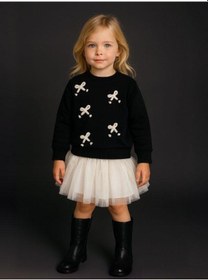 Resim Kız Çocuk Fiyonk İşlemeli Sweatshirt-16134 Siyah 