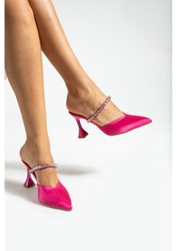 Resim Simon Saten Taş Detaylı Topuklu Fuşya Ayakkabı Fuşya 