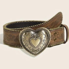 Resim Kadınlar için Kalp Tokalı, Retro Tarz Kemer - Soluk Kahverengi, Altın Tonlu Metal Detaylar, Çiçek Desenli, Günlük veya Parti Giyim için Mükemmel, Rahat Aksesuar | Retro Tarz Kemer | Dayanıklı, Retro Tarz Kemer 