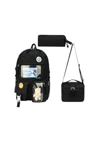 Resim İlkokul Çantası 3'lü Takım Beslenme Çantası Kalemlik 42 30 Cm Anahtarlık Ve Rozet Hediyeli Siyah 