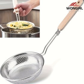 Resim WONGIRL Premium Paslanmaz Çelik Süzgeç Ahşap Saplı - Pişirme, Yiyecek Hazırlama & Yağ Filtreleme için İnce Gözenekli Süzgeç Kaşığı - Makarna & Noodle için İdeal, Restoranlar için Mükemmel 