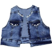 Resim Kız Çocuk Taş Boncuk Detaylı Mavi Renk Crop Kot Yelek 001 