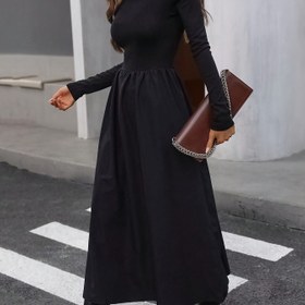 Resim Kadınlar için Şık ve Zarif Uzun Kollu Midi Elbise - Beli Sıkılaştırıcı Tasarım, Polyester Karışımı, İlkbahar/Sonbahar için Mükemmel 