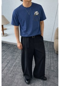 Resim Panda Baskılı Unisex Basic Tişört Rahat Kesim Günlük Stil Lacivert 