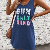 Resim 1 Adet Kadın Kolsuz Örgü Elbise, Rahat Polyester Alfabe Baskılı "SUN SALT SAND" Askılı Sırt Detaylı, Tüm Sezon Konforu, Yetişkin Ev Giyim 