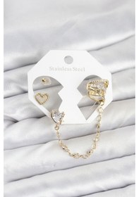 Resim Pirinç Gold Renk Kalp Model Zincir Bağlantılı Ear Cuff Küpe Seti Çok Renkli 