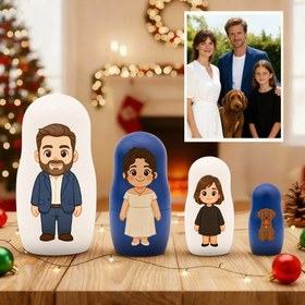 Resim Personalized Cartoon Matryoshka Doll Set | Portrait Nesting Doll Family Gift Designed from a Photo - White and Blue (alternating white and blue from the outside in) / 2 Portraits 