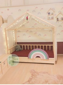 Resim Bir Başka Çocuk Çatılı Gökkuşağı Korkuluklu Montessori Yatak 