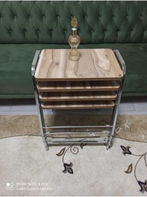 Resim GÜVENÇ 4'lü Zigon Sehpa Tepsi Zigon Model Nikelaj Kaplama Metal Ayaklı Ahşap Desen 