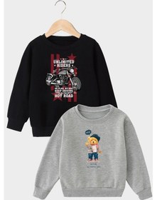 Resim Fyk Kids 2'li Erkek Çocuk Baskılı Yuvarlak Yaka Sweatshirt Gri - Siyah 