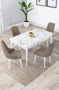 Resim Canisa Concept Lia Serisi 80x132 Açılabilir Mutfak Masası Takımı Beyaz Mermer Desen Masa 4 Cappucino Sandalye 