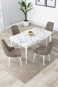 Resim Canisa Concept Lia Serisi 80x132 Açılabilir Mutfak Masası Takımı Beyaz Mermer Desen Masa 4 Cappucino Sandalye 