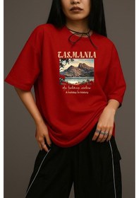 Resim Tasmania Baskılı Unisex Oversize Tişört Kirmizi 