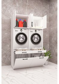 Resim Mdf Çamaşır Makinesi Ve Kurutma Makinesi Dolabı Çift Sepetli Beyaz 