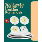Resim Uzaktan Kumanda Ile Kontrol Edilebilen Yapışkanlı 3 Lü Kablosuz LED Spot Lamba 