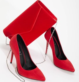 Resim GULT Kadın Ince Yüksek Topuklu Stiletto Ve Çanta Takımı Kırmızı Süet 