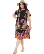 Resim Melsay Butik Siyah Şal Desen Kısa Kollu Büyük Beden Midi Elbise Siyah 