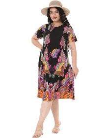 Resim Melsay Butik Siyah Şal Desen Kısa Kollu Büyük Beden Midi Elbise Siyah 