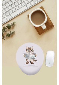 Resim Gazete Okuyan Kedi Desenli Bilek Destekli Mouse Pad Mousepad 