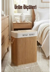 Resim 75lt. İkili Bambu Çamaşır Sepeti - Çift Bölmeli Kirli Sepeti Kahverengi 