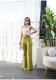 Resim Beli Lasti Kli Ve Bağcikli Keten Pantolon Yağ Yeşili 