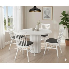 Resim Doğal Ahşap Yuvarlak Nova Yemek Masası Takımı 4 Kişilik Modern Scandinavian Stil Beyaz Antrasit 