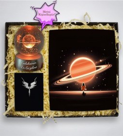 Resim Kişiye Özel Satürn Kız Işıklı Cam Küre & Satürn Kız Baskılı Mouse Pad & Mikail Melek Kolye Hediye Seti 